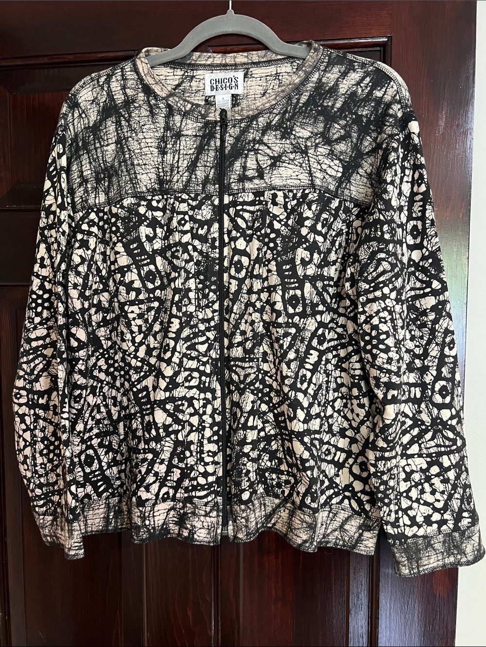 Chico's Black & Cream Abstract Zip-Front Sweatshirt
